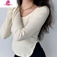 艳如飞Go Girl Go奶油白下摆弧形螺纹棉T恤女短款修身U领长袖打底衫T恤
