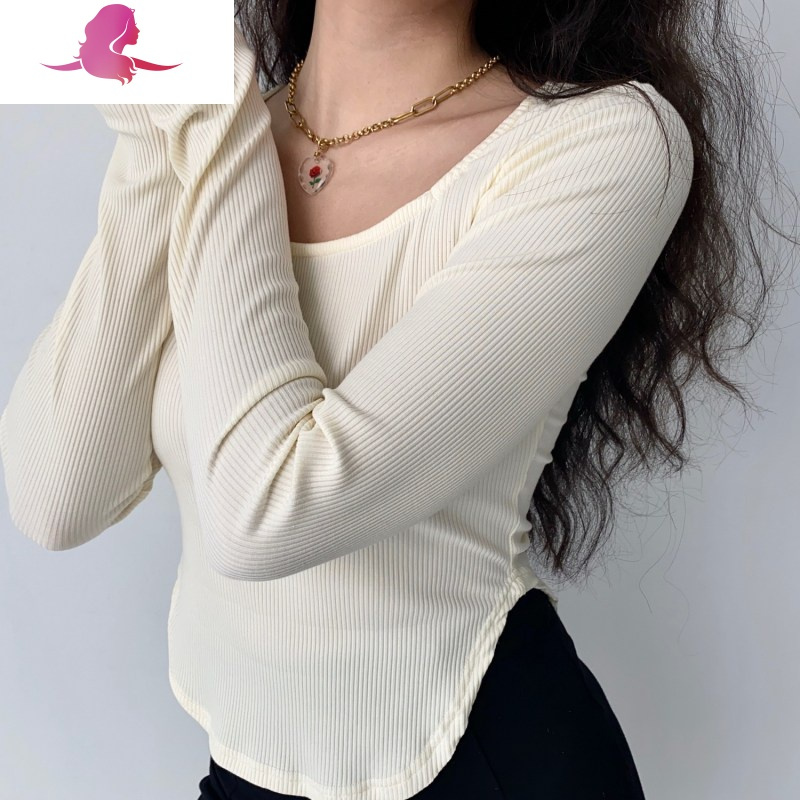 艳如飞Go Girl Go奶油白下摆弧形螺纹棉T恤女短款修身U领长袖打底衫T恤