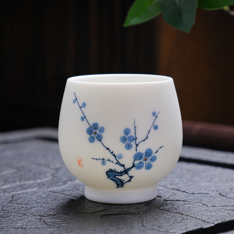 拓牌 素烧手绘羊脂玉瓷品茗杯 五福梅花 TP052