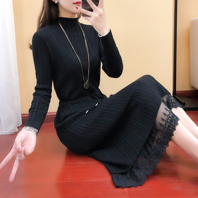 长款毛衣裙过膝2019新款女装半高领蕾丝拼接系带针织连衣裙