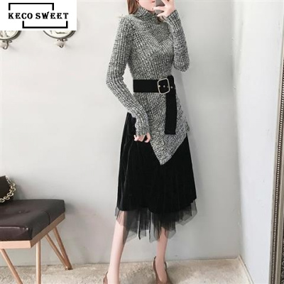 kecosweet2019春装新款洋气冬裙女时尚气质毛衣搭配裙连衣裙两件套 S 灰色