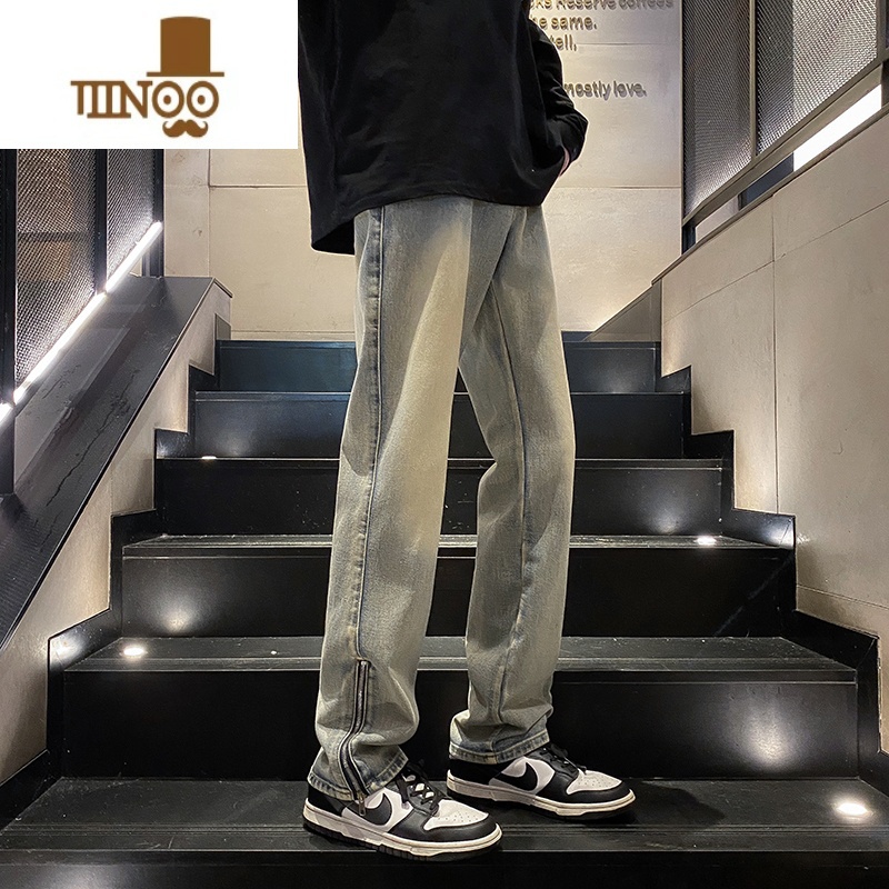 YANXU美式高街牛仔裤男vibe风泛黄泥染拉链直筒牛仔国潮显瘦休高高i黄高清大图