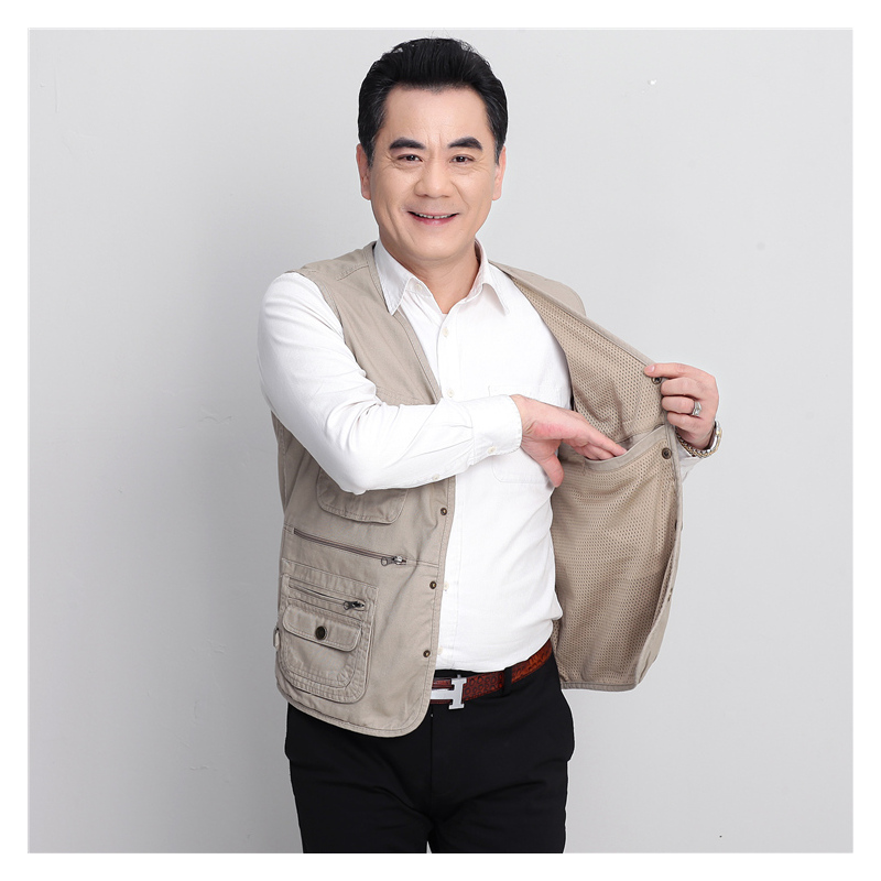 suntek中老年大码坎肩春秋款带网男士多口袋钓鱼摄影背心爸爸马甲男