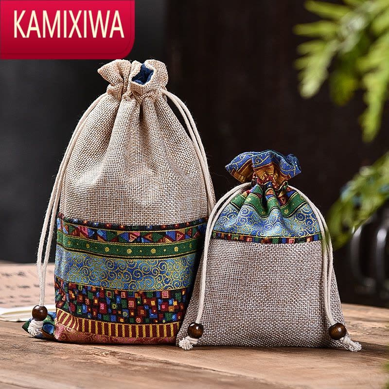 KAMIXIWA棉麻拼接收纳袋大号首饰袋抽绳束口袋绒布袋中式名族风文玩手串袋图片