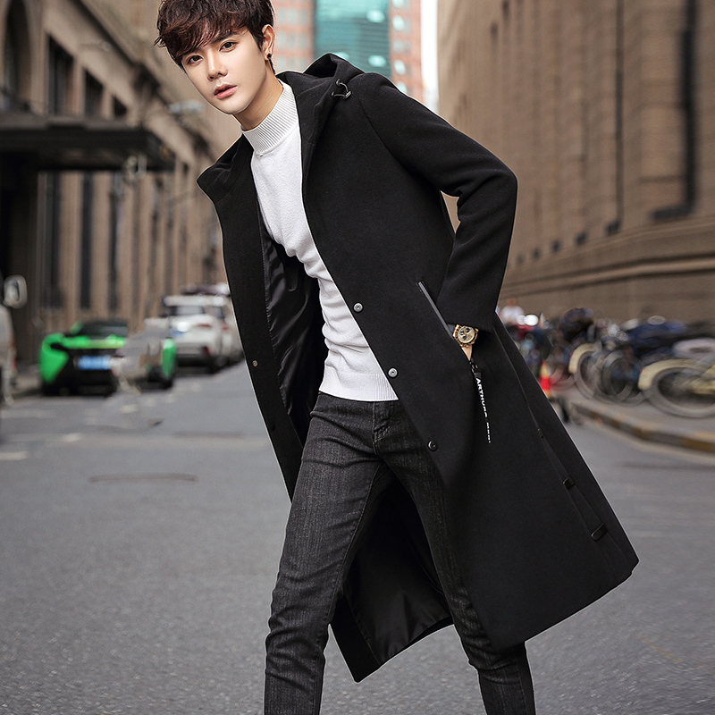 yuansu秋冬毛呢大衣男中长款韩版潮流长款过膝帅气春秋男款风衣呢子