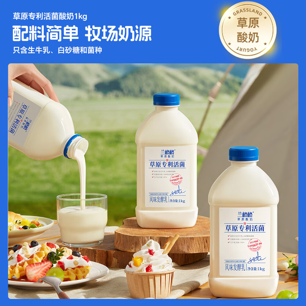 兰格格草原酸奶 蒙古蒙马苏里风味酸奶1kg*2 生鲜低温酸牛奶