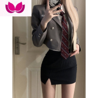 七斓春季学院风套装韩系jk制服短款西装外套女显瘦高气质包臀裙小悠系 XL 藏青色条纹百褶裙