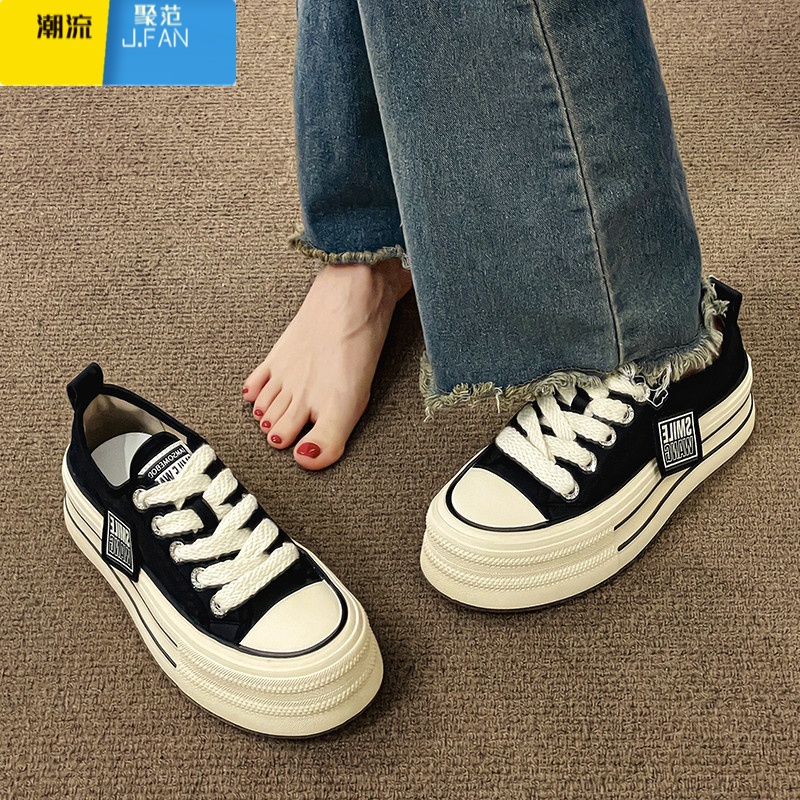 聚范厚底帆布鞋女2023新款松糕百搭运动休闲小白鞋复古板鞋子 黑色 35标准码数