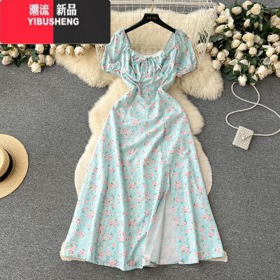 YIBUSHENG复古浪漫风碎花连衣裙女季泡泡袖开叉设计感小众别致绝美长裙女 S 绿底粉花