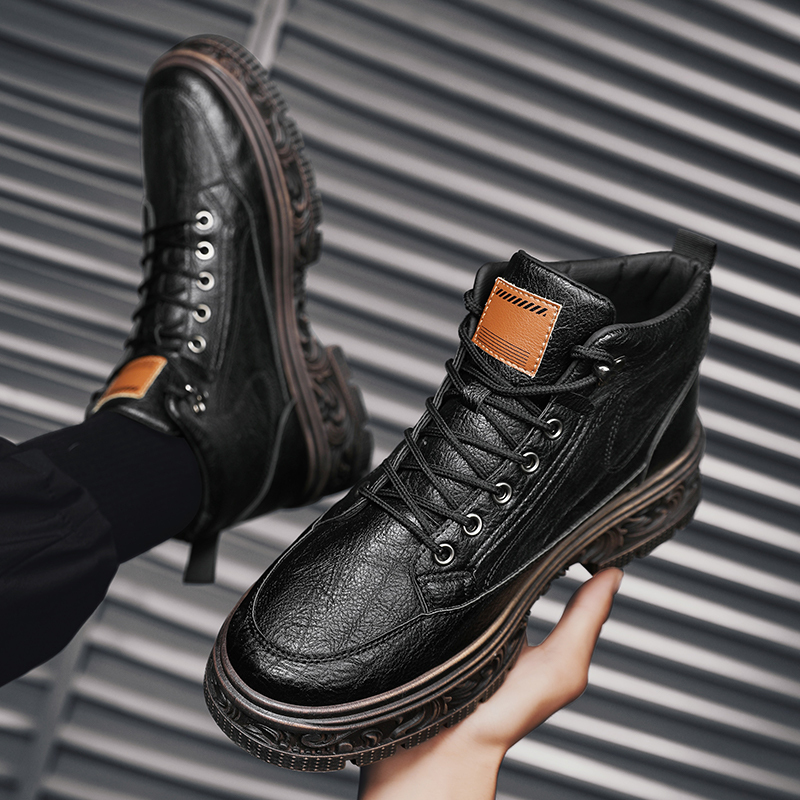 马丁靴男高帮厚底雕花时尚百搭机车短靴帅气潮男复古潮流工装男靴