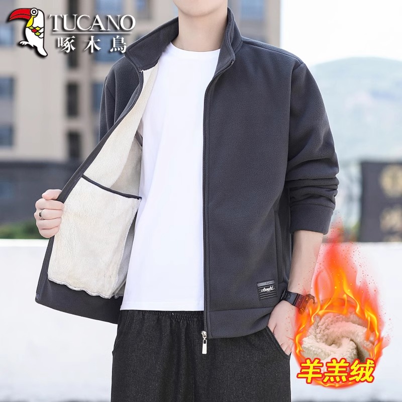 啄木鸟高端摇粒绒外套男士春秋冬款高级感开衫卫衣男款休闲夹克端高清大图