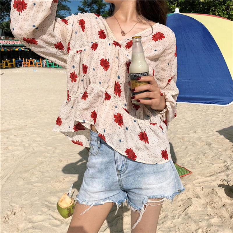 夏装韩版女装百搭V领灯笼袖雪纺衫显瘦复古印花衬衫学生衬衣女 图片色 均码