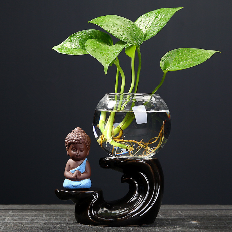 创意绿萝水培植物透明玻璃小花瓶陶瓷客厅装饰品水养插花器皿摆件 三维工匠 功夫-迎客四方 中等高清大图