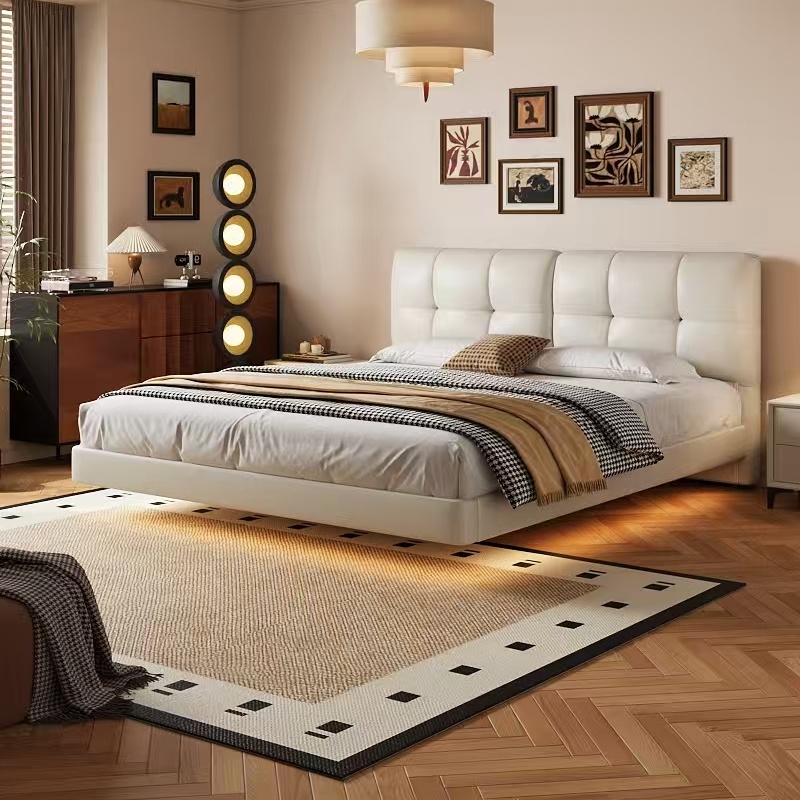 头层牛皮床主卧次卧双人大床实木真皮极简婚床高清大图