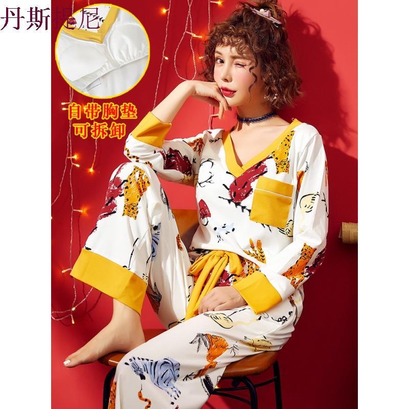 秋天女士睡衣女夏春秋季长袖纯棉薄款休闲韩版宽松可爱家居服套装