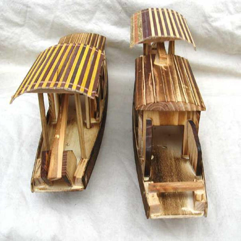 木质打鱼小渔船模型木制带篷小木船儿童玩具家居摆件