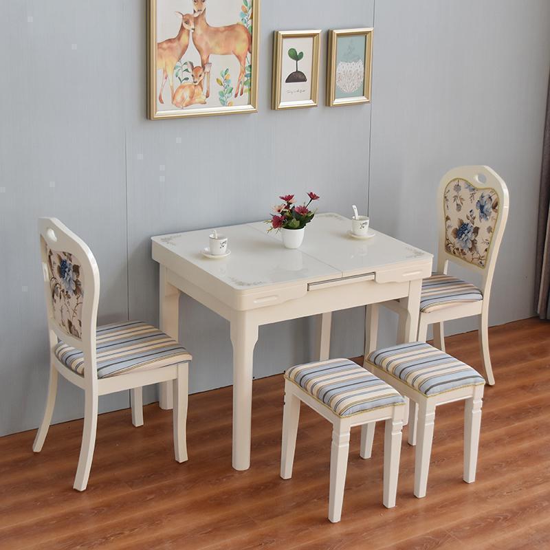 汐岩抽拉可伸缩餐桌椅组合现代简约小户型家用多功能折叠餐桌吃饭桌子 幸福花（花盼溪）无炉两椅两凳