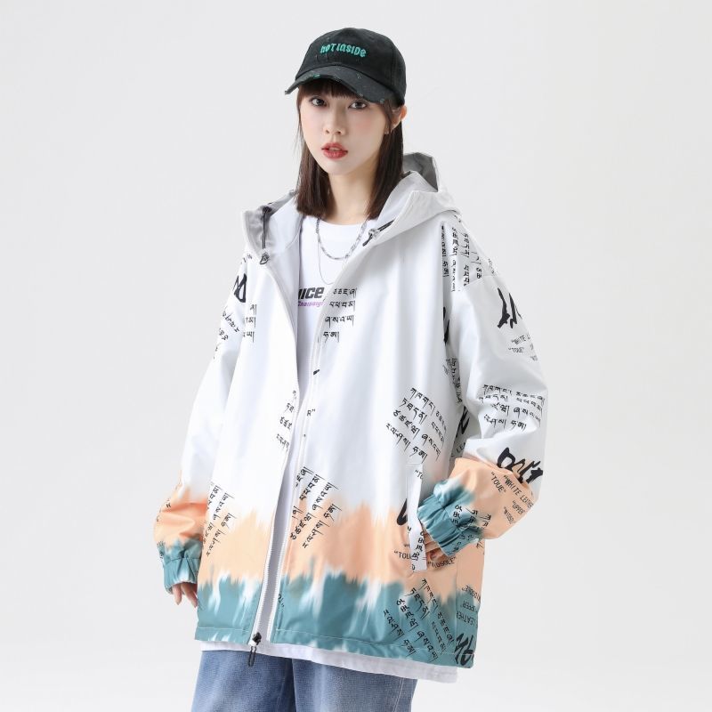 DEBRAND双面衣外套女2022春季新款韩版涂鸦印花宽松百搭连帽夹克
