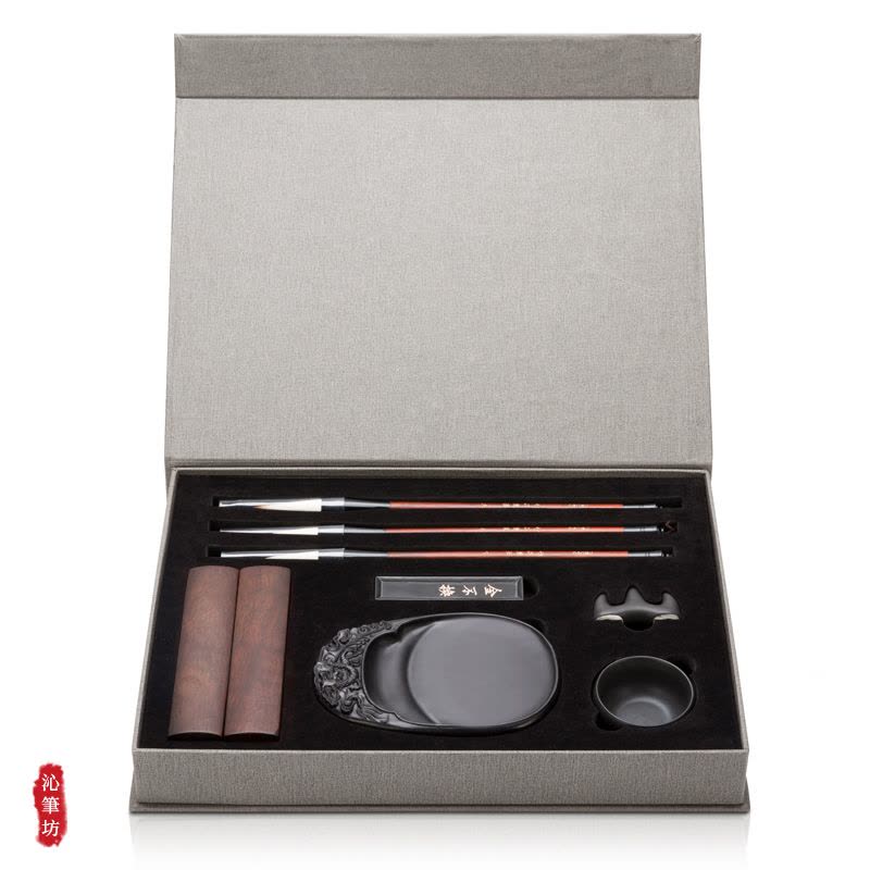 硯　文房四寶 得力( 74289 )文房四宝毛笔书法套装(毛笔/墨锭/石砚/笔搁/水碗/镇尺