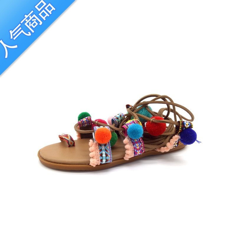 SUNTEK交叉绑带流苏彩色毛球球平底罗马凉鞋女民族风波西米亚套趾沙滩球高清大图