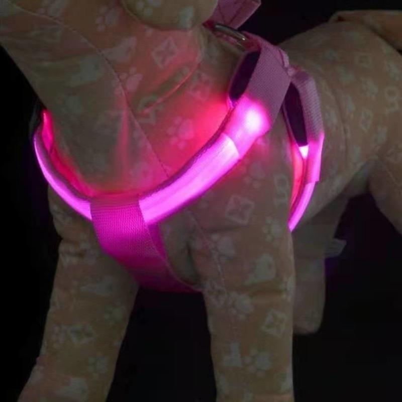 狗狗牵引绳背心式LED发光胸背泰迪牵引绳宠物夜光狗绳小型USB充电 红色-胸背带+不发光牵引绳 电池-S码(斤数:5-8
