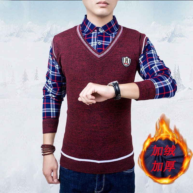 新款假两件毛衣衬衫领男士秋衣加绒保暖青少年针织衫套头长袖潮流 加绒标牌酒红 2XL【建议135-150斤】
