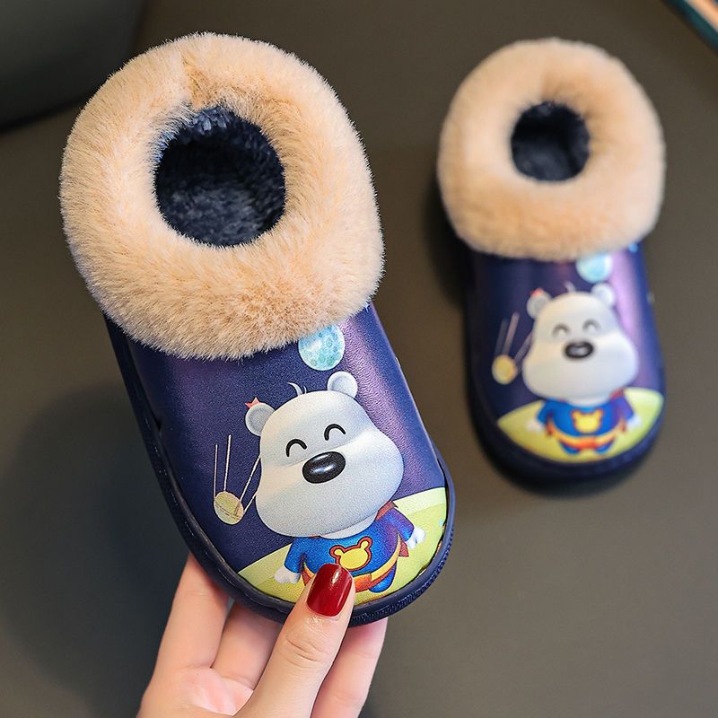 儿童棉鞋PU皮防水公主卡通居家防滑保暖室内包跟男女童软底棉靴潮 宝蓝（熊熊棉鞋）防水皮面 32/33内长20.5cm约7-8岁