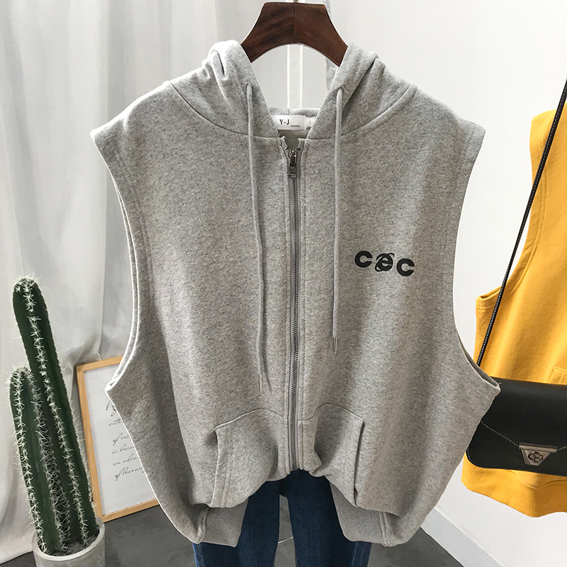 chic连帽马甲卫衣女宽松韩版春秋薄款无袖上衣拉链oversize外套潮浅