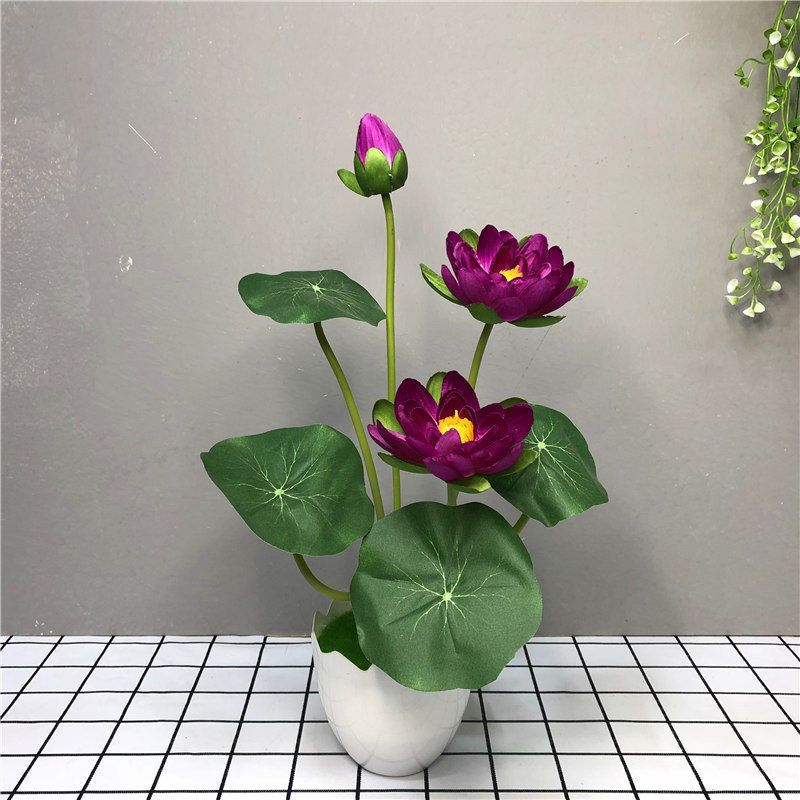 仿真荷花莲花供佛花套装 假荷花塑料假花绢花小盆栽家居装饰摆件 PU荷花粉色一束+塑料盆