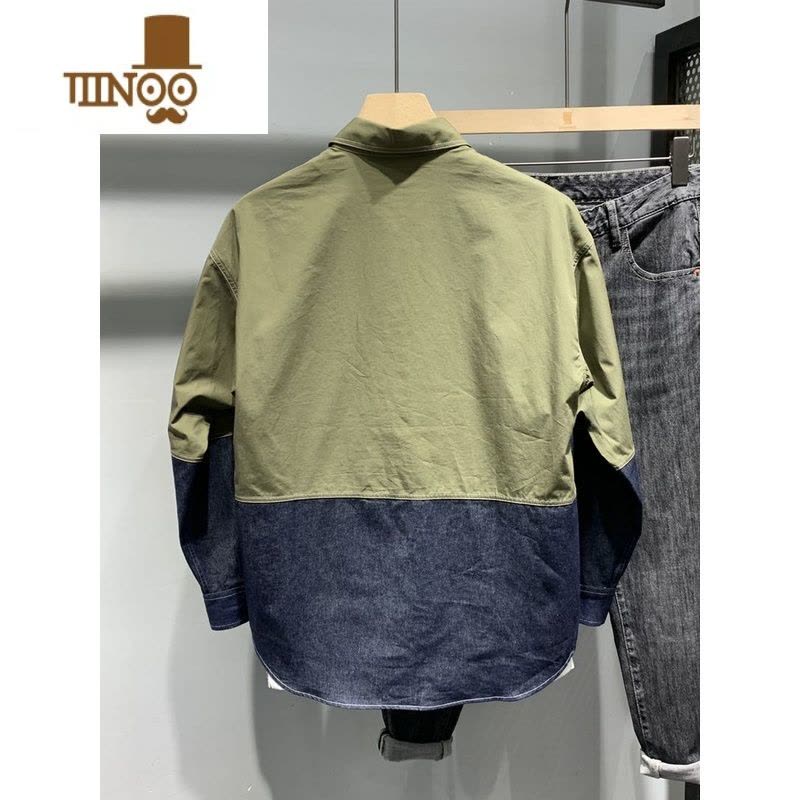 YANXU2023秋季新款男士纯色休闲长袖衬衫牛仔潮流拼接撞色宽松衬衣外套图片