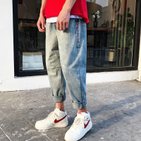 春夏复古浅蓝色水洗牛仔裤男九分裤宽松哈伦小脚裤学生薄款休闲裤