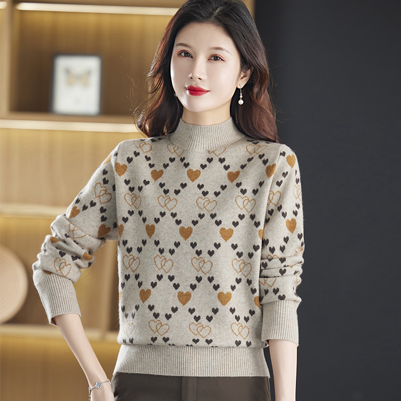 2024春秋新款半高领双股羊绒衫女半高领100%纯山羊绒毛衣印花针织衫宽松慵懒毛衣套头女装上衣针织打底衫加厚外搭毛衣女高清大图
