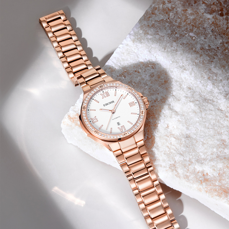 依波表(EBOHR)轻奢优雅镶钻防水手表送女友送女520礼物 奢耀金 36593428高清大图