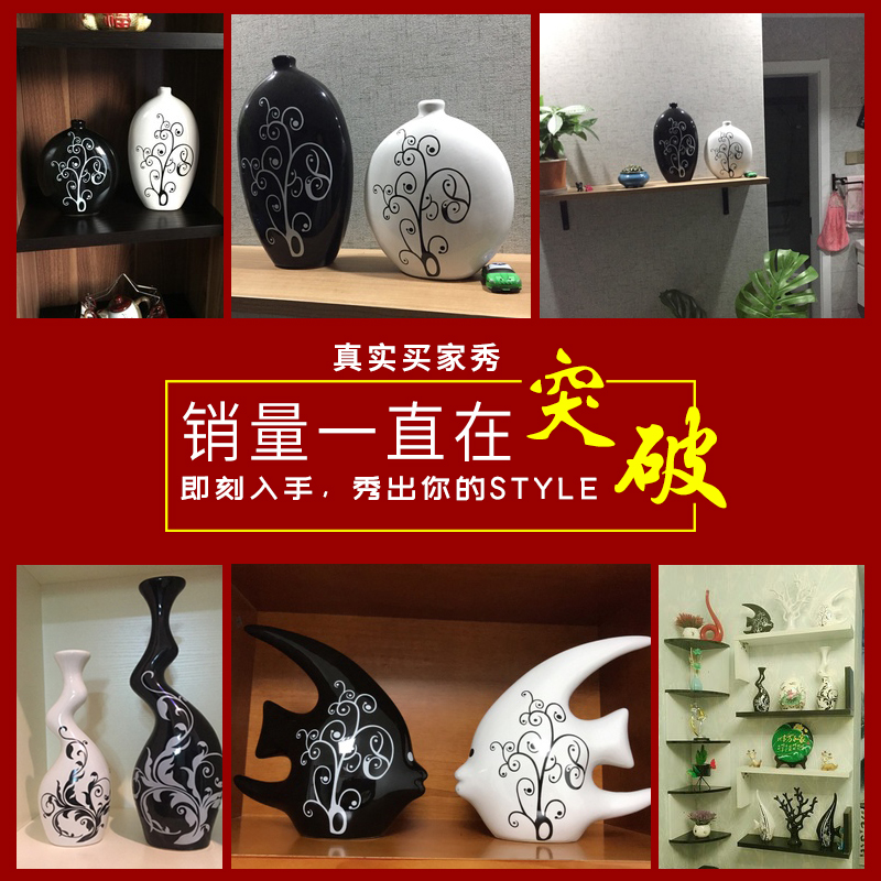 景德镇陶瓷家居饰品创意花瓶黑白客厅摆件简约现代工艺品桌面摆设 三维工匠 大黑小白扁瓶高清大图