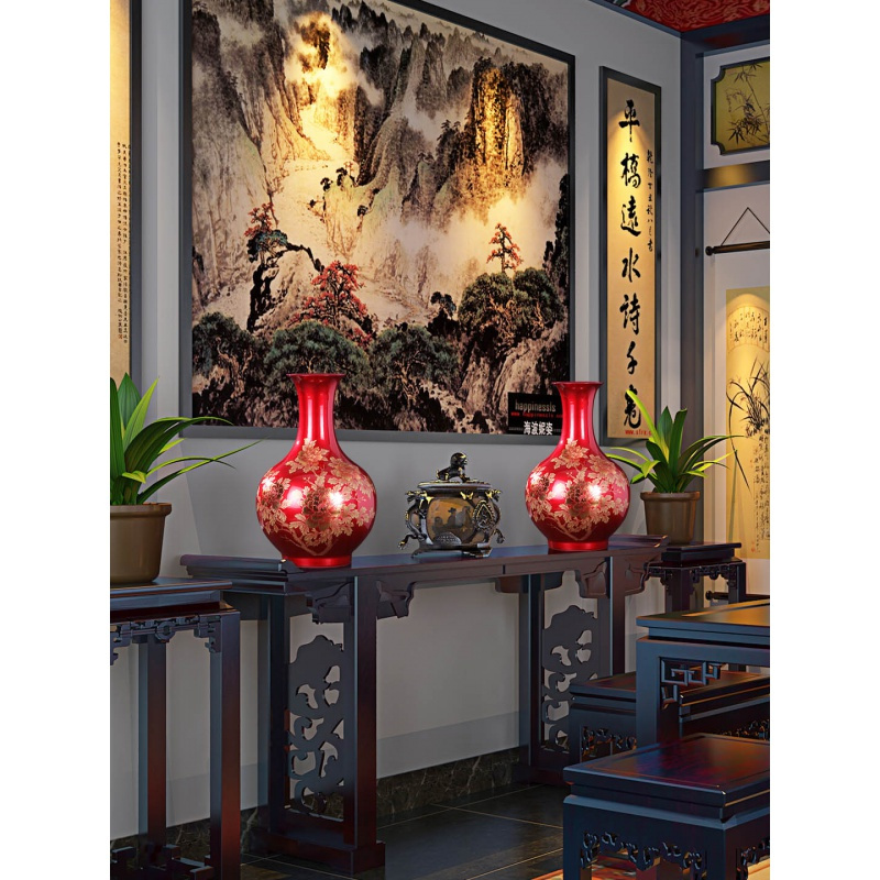 景德镇陶瓷器花瓶摆件中国红色插花中式家居客厅陶瓷器