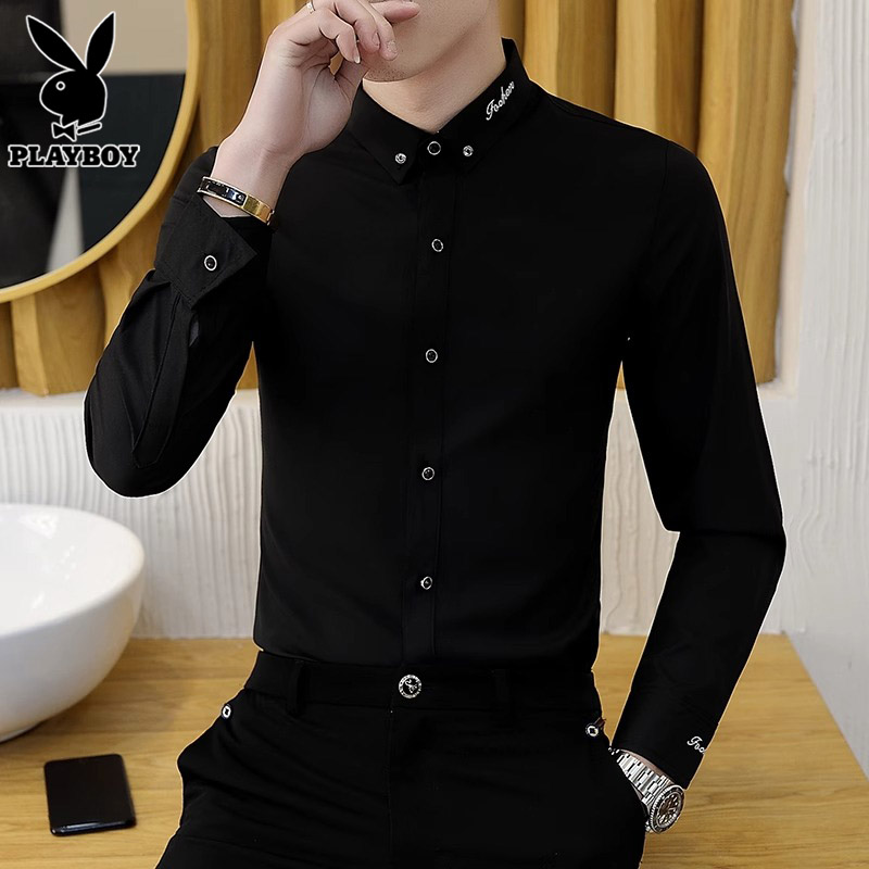 花花公子黑色长袖衬衫男士商务免烫寸衫夏季薄款潮牌休闲衬衣服务高清大图