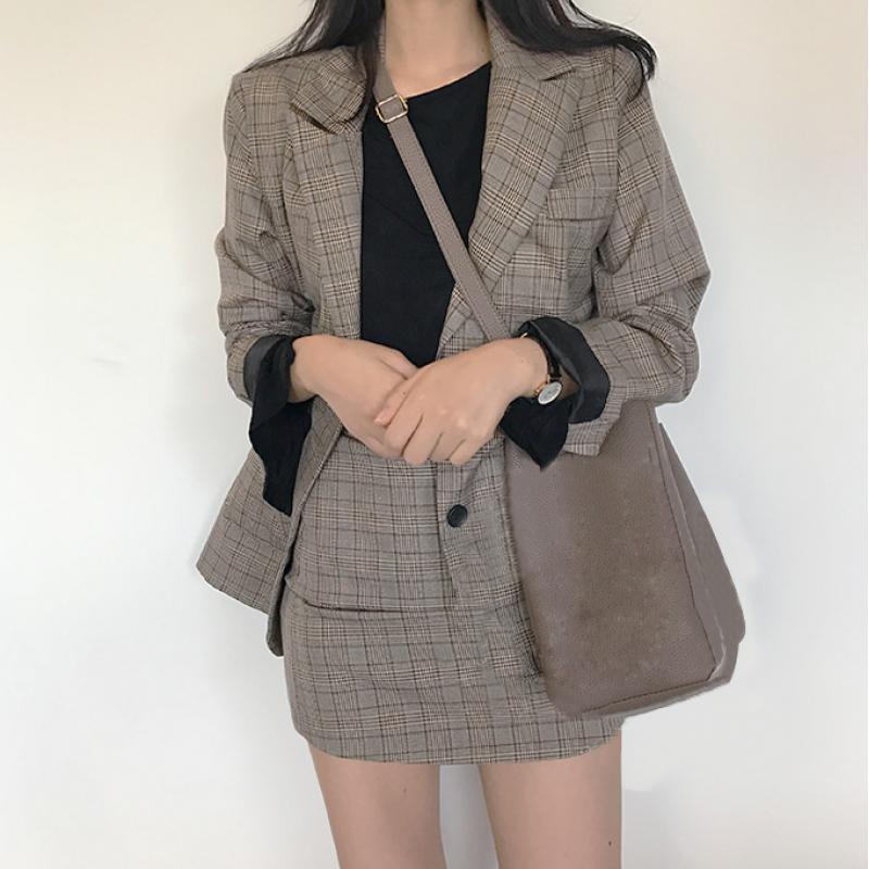 新款韩国复古风气质显瘦英伦洋气短款格子西装外套+半身裙女