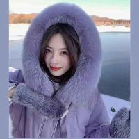 夏诗文白鸭绒大毛领连帽羽绒服女冬2021新款紫色外套中长款外套女