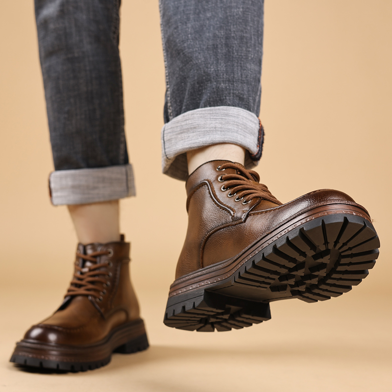 迪罗尼卡马丁靴男百分之30羊毛新款秋冬季网红爆款中高帮皮鞋英伦加绒软皮高清大图