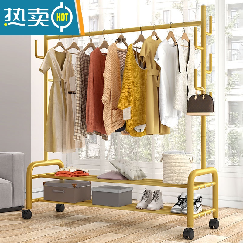 敬平挂衣架落地卧室内家用简易置物房间晾衣服架子租房折叠单杆衣帽架 100cm⭐特粗双层-加固7钩-白❤25管粗晾晒架高清大图