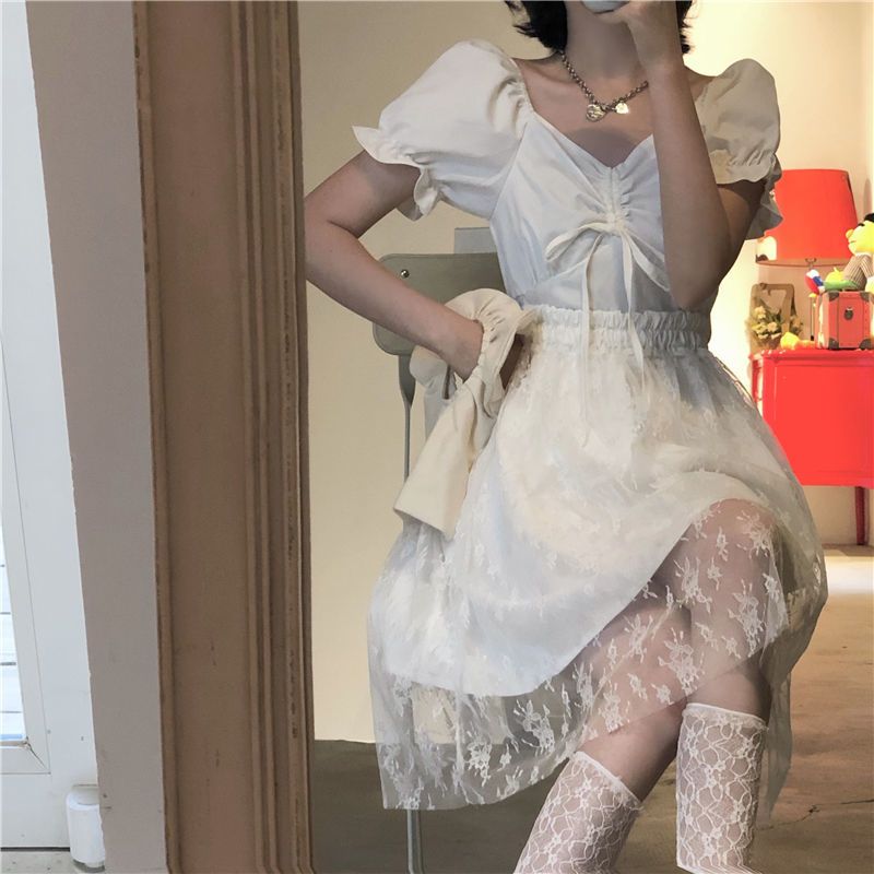 方领连衣裙女2021夏季新款法式复古收腰小白裙气质显瘦设计感裙子 白色单件网纱裙 [收藏店铺优先发货] S [建议100