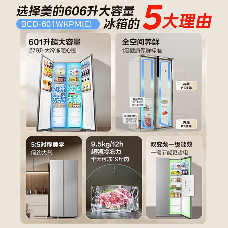 美的钛钢灰对开门冰箱BCD-601WKPM(E) 601升一级能效智能风冷无霜嵌入式超薄设计图片