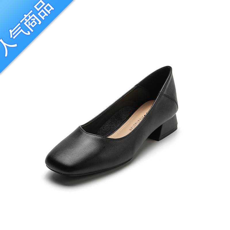 SUNTEK公务员面试女鞋三公分高跟鞋女软皮黑色工作皮鞋浅口通勤低跟单鞋高清大图