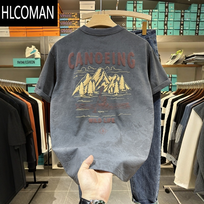 HLCOMAN夏季男士新款水洗体恤衣服潮牌ins个性高端短袖圆领休闲半袖T恤衫