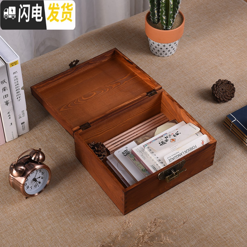 三维工匠木盒子化妆品收纳盒带锁复古木盒子首饰盒大号储物密码杂物小箱子高清大图