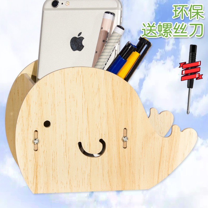 文具创意收纳盒欧式简约笔筒桌面化妆桶办公装饰手机座支架木质小 三维工匠 海豚-橡木高清大图