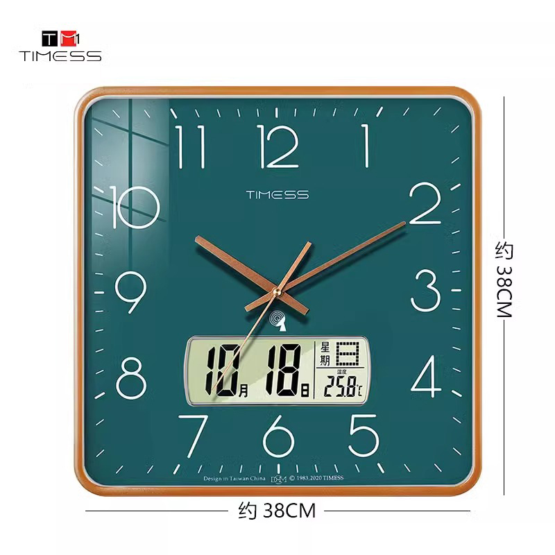 TIMESS电波钟表挂钟客厅家用时尚夜光时钟挂墙创意万年历轻奢挂表 P61-3电波钟【金边绿】 15英寸（直径38厘米）