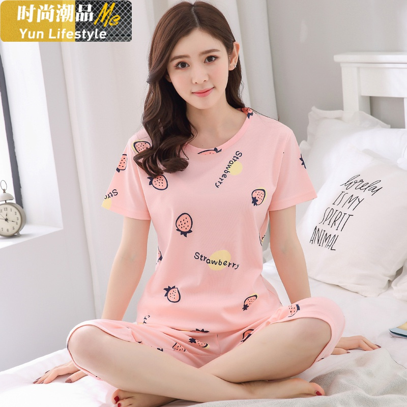 YUNWUXIN睡衣女夏季棉短袖七分裤夏天女士套装可外穿韩版可爱家居服薄款睡衣