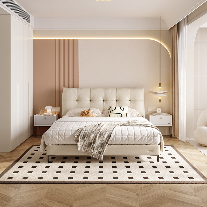 温馨奶油风进口头层牛皮软靠皮床加高衣柜卧室套装