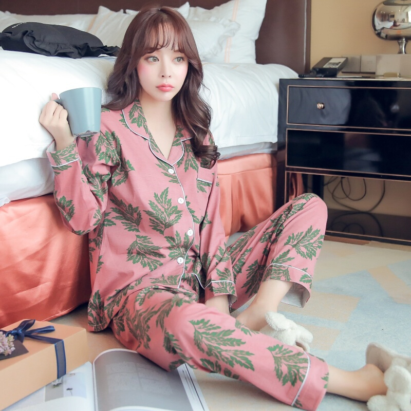 韩版长袖睡衣女春秋季全棉开衫家居服女冬天全棉加大码休闲套装夏8788枫叶
